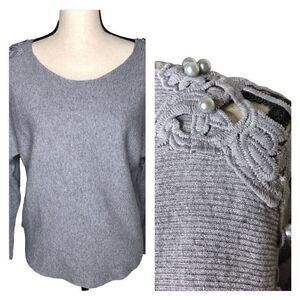 Ember Gray Beaded Appliqué Lace Long Sleeve Sweater